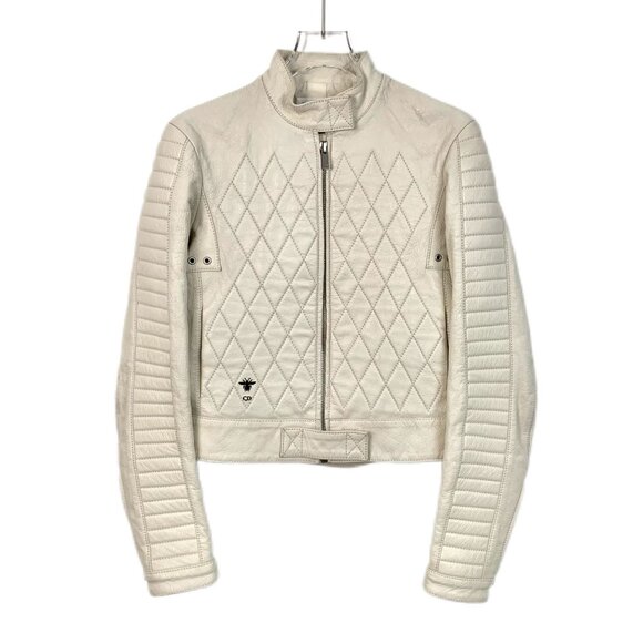 Christian Dior Womens Quilted Leather Jacket Off-White Biker Style With Zip Clos - Picture 1 of 8